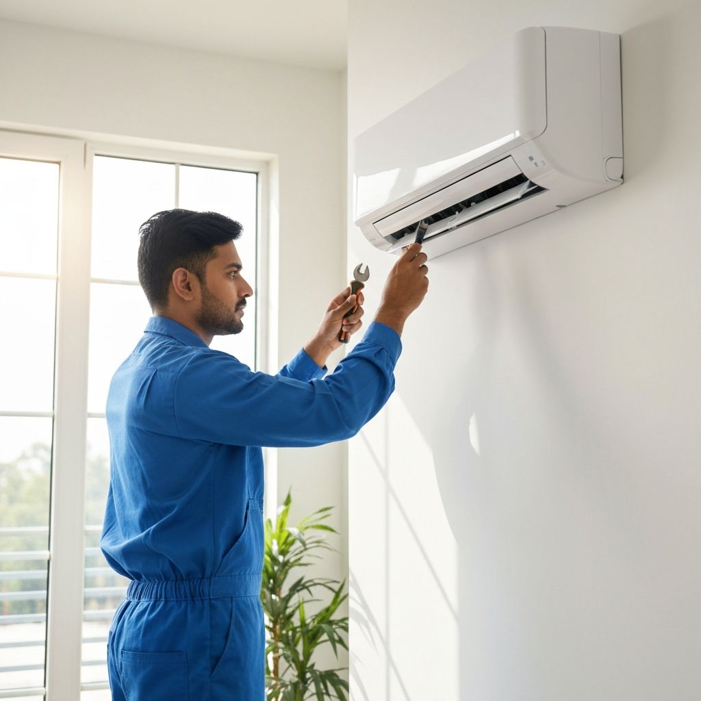 Professional AC technician repairing air conditioner